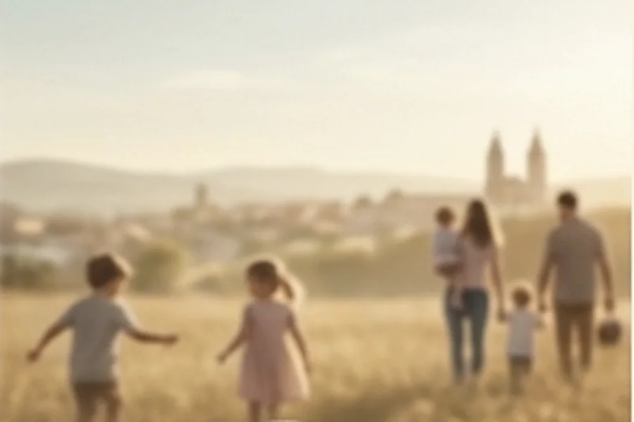 Niños y una familia caminando por un campo abierto