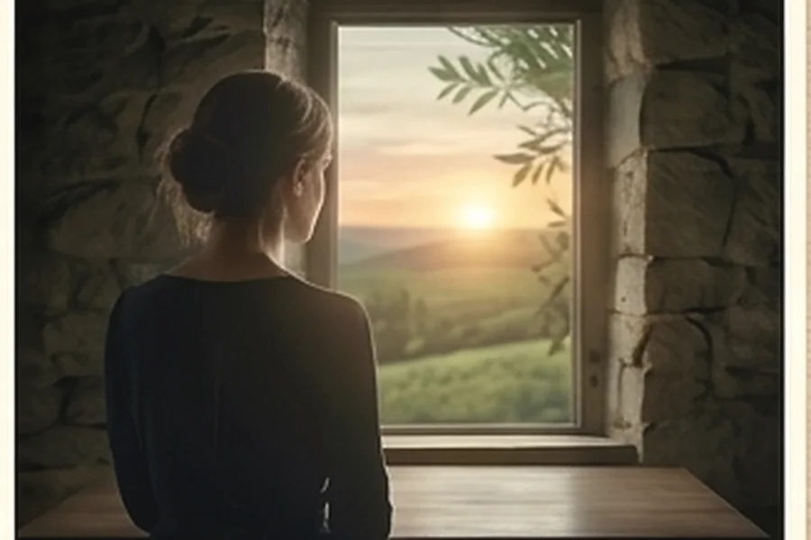 Una mujer mirando por la ventana al atardecer